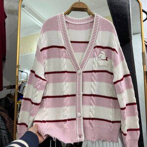 Pink Stripe Cable Knit Cardigan Sweater